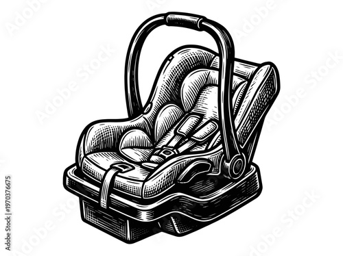 Vintage Infant Car Seat Baby Safety Engraving Illustration Black and White Line Art