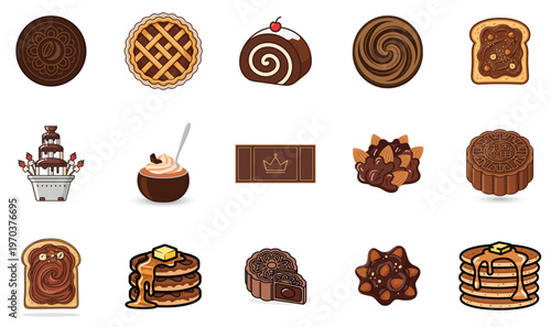 Collection of various chocolate desserts and sweet treats isolated on white background