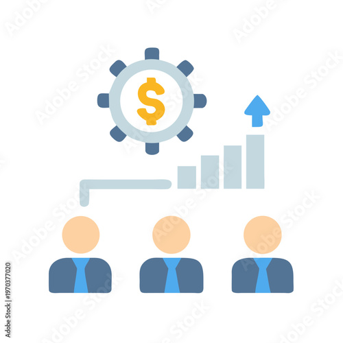 Teamwork drives monetary gains: Illustration of business people and increasing profits