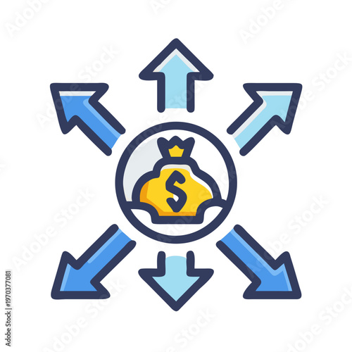 Money bag icon surrounded by arrows showing income and outflow, investment concept