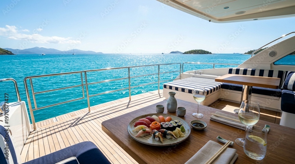 Fototapeta premium Wide Shot of Private Yacht Deck Table with Sushi Platter Sake and Turquoise Sea Horizon in Bright Midday Light No Face No Branding No Text