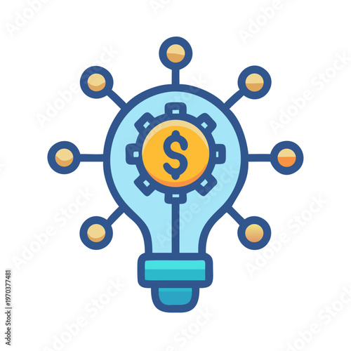 Financial innovation lightbulb with gears and dollar sign, connected networks on black