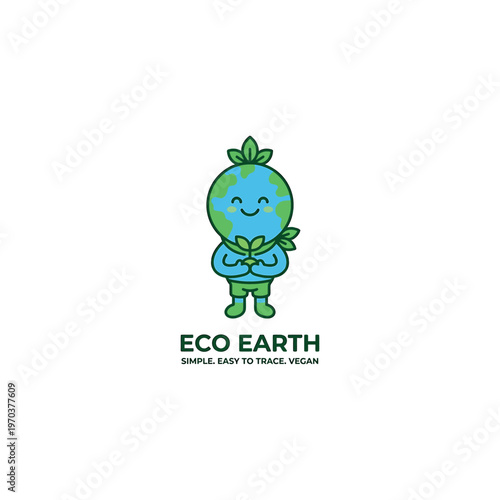 Smiling Earth Character Holding Leaves.