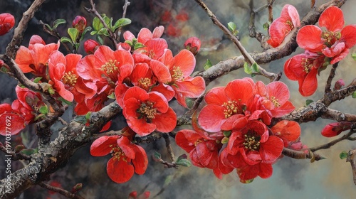 Red blossom flowers clustered on mossy tree branches outdoors