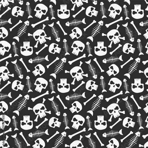 Small white skulls, bones, and fish skeletons isolated on a black background. Monochrome seamless pattern. Vector simple flat graphic illustration, hand drawn. Texture.