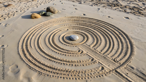 Aerial perspective shows intricate concentric ring labyrinth hand carved into light beach sand featuring solitary grey rock at center surrounded by textured grooves under bright natural sunlight.