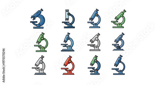 Colorful microscopes in various positions.