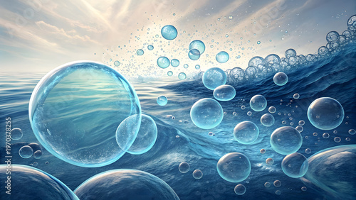 Dynamic wide angle shot displays massive translucent spheres suspended above splashing dark turquoise sea water surface under bright hazy sky creating refreshing aquatic atmosphere with white seafoam.