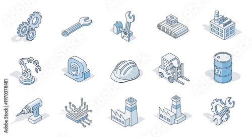 Industrial tools and equipment icons.