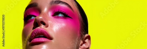 Woman with intense pink eyeshadow looks up against a vivid yellow backdrop