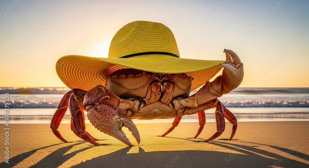 Obraz premium Funny Crab Wearing a Yellow Sun Hat on a Tropical Beach at Sunset