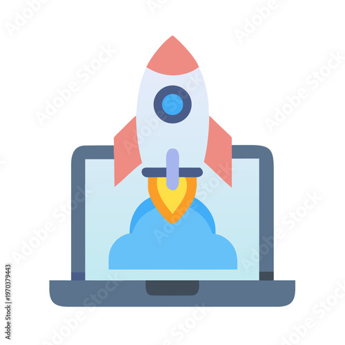 Laptop Launch: Flat Illustration of a Rocket Launching from a Computer Screen