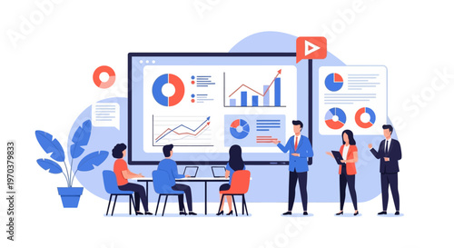 Flat vector illustration of a business meeting where people are viewing a presentation on a large screen displaying graphs and charts, set against a clean white background