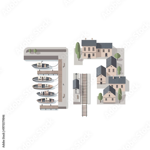 Model Houses and Boats on White Background.