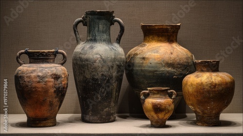 Ancient ceramic vases displayed on museum shelf