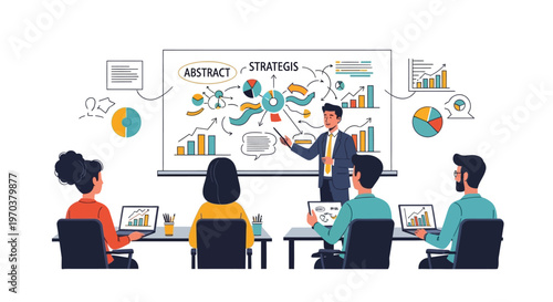 Illustrated business presentation featuring a character pointing to sales data and charts on a whiteboard in a meeting with colleagues, rendered in a flat vector design against a clean