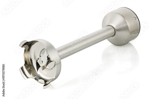 Immersion Hand Blender Isolated on White. Stainless Steel Hand Held Stick Blender. Modern Kitchen Blade Grinder. Electric Kitchen Small Appliances.
