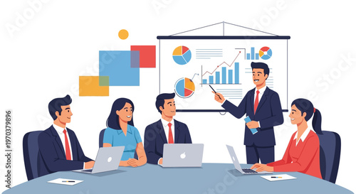 Vector illustration of a business presentation, showcasing a graph on a projector screen while a man explains sales data, with diverse people in a meeting discussing company strategy