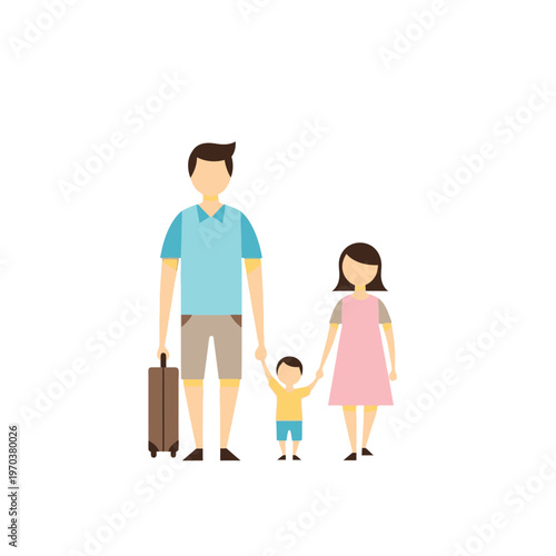 Family of three holding hands and traveling.