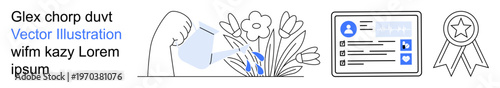 Growth, achievement, personal profile, gardening, digital identity, online rewards. A hand watering flowers, a profile card and a badge. Growth and achievement concept for digital and personal