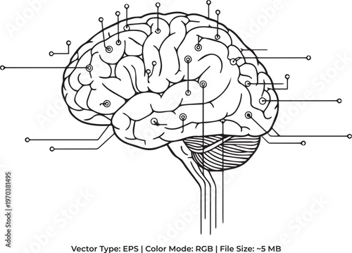 Brain-Computer Interface Doodle - Minimalist Mind-Tech Illustration