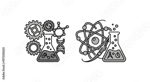 Beakers with science and technology icons.