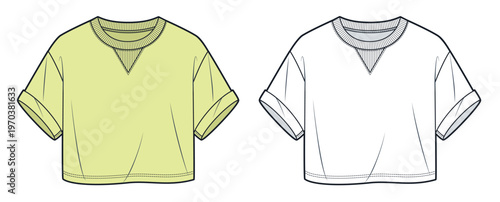 Unisex Crop T Shirt Fashion Flat Technical Drawing Featuring Rolled Sleeves and Front Views