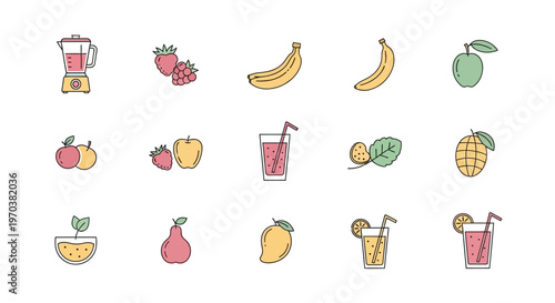 Colorful illustrations of fruit and drinks.