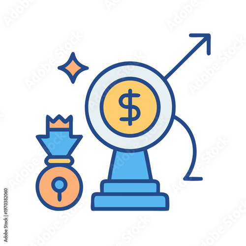 Vector icon illustrating money growth with dollar sign, rising graph and moneybag