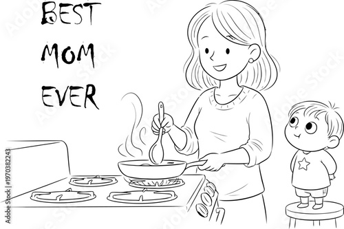 A mother cooking in the kitchen with her little child standing on a stool