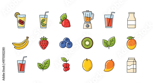 Fresh fruit and juice icons set.