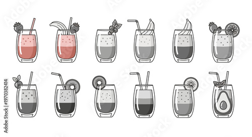 Variety of cocktails with straws and garnishes.