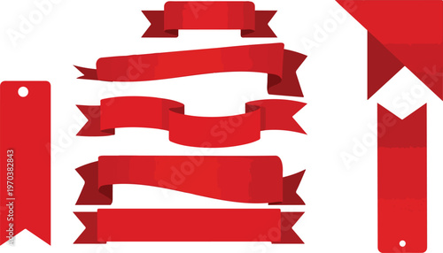 Collection of red ribbon banners and corner decorative labels for creative packaging design and retail marketing layout assets.