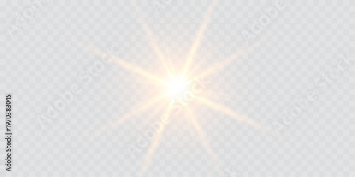 Transparent vector lens flare featuring radiant sunlight, glowing rays, sparkling stars, bright particles, with yellow highlights and neon-style illumination, perfect for vibrant,modern visual designs