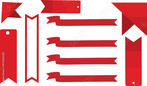 Collection of red ribbon banners and corner decorative labels for creative packaging design and retail marketing layout assets.