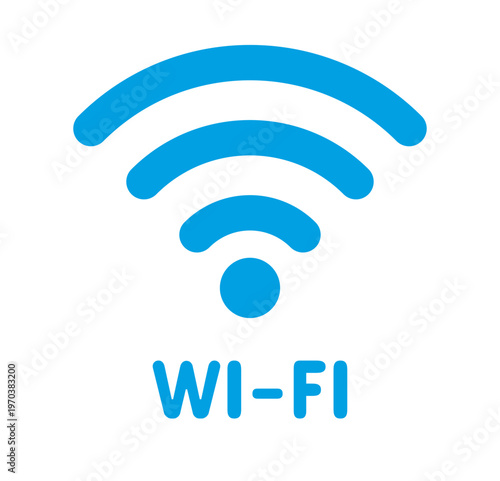 Blue wireless internet connectivity graphic with Wi-Fi text, modern vector emblem isolated on white, digital network and technology concept.