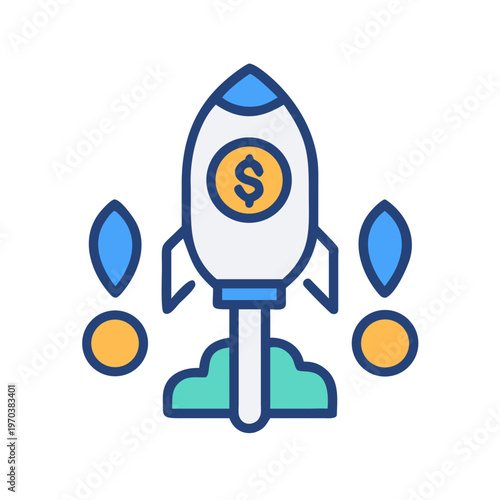 Cartoon rocket launching symbolizing startup success and rapid financial growth concept