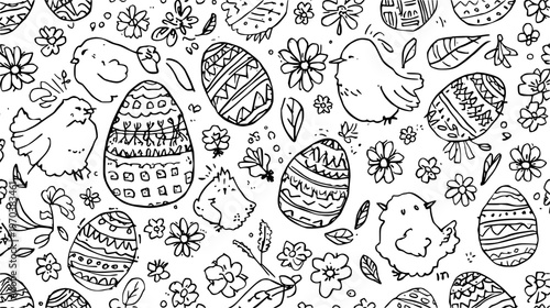 black and white childish drawing of easter chick and eggs 