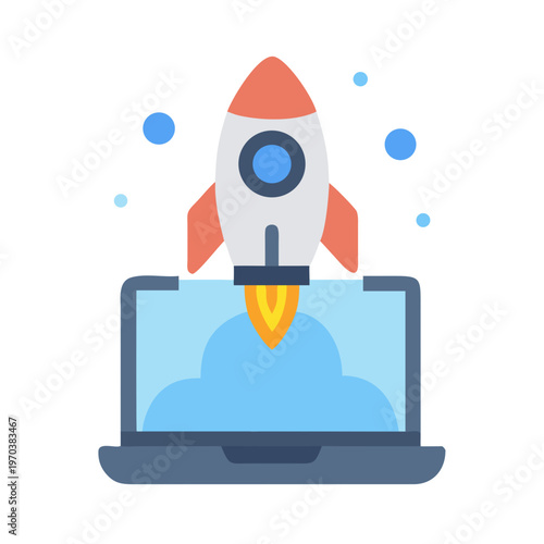 Digital startup launch with a rocket taking off from a laptop screen
