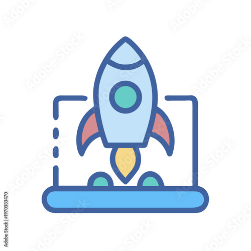 Stylized rocket ship illustration on a launchpad for technology or innovation themes