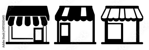 Franchise shop icon set with solid black icon on white background featuring business, retail, storefront with design and vector