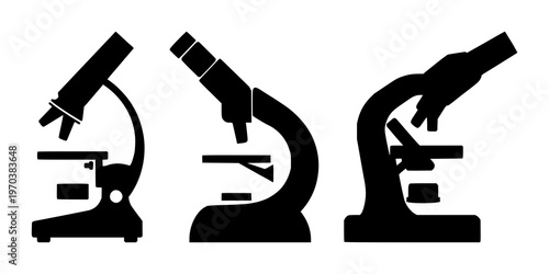 Microscope set with solid black icon design featuring microscope, science, equipment with vector illustration and medical graphics