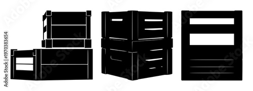 Stackable crate icon set with single solid black symbol on white background featuring logistics, shipping, warehousing with crate, pallet and storage and supply chain