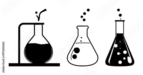 Lab beaker set with solid black icon on white background featuring chemical symbols, liquid, graduation marks with flask and solution