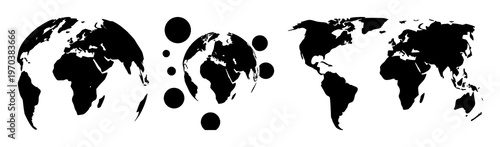 Worldwide shipping globe set with solid black icon design featuring global delivery, international logistics, freight transportation with e-commerce and distribution network