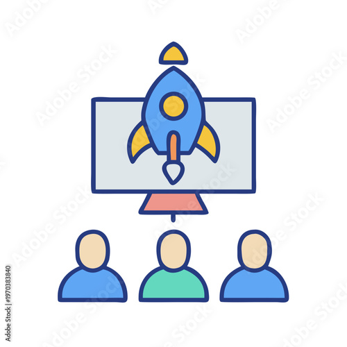 Team watching a rocket launching presentation on a digital screen with black backdrop