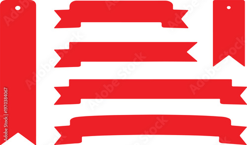 Collection of red ribbon banners and corner decorative labels for creative packaging design and retail marketing layout assets.