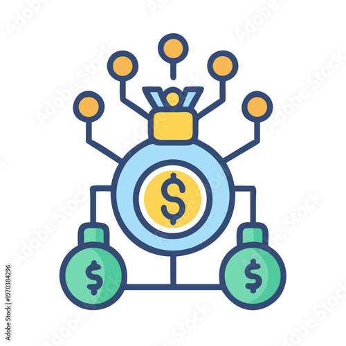 Decentralized finance illustration with coin bags and network connections, concept of investments