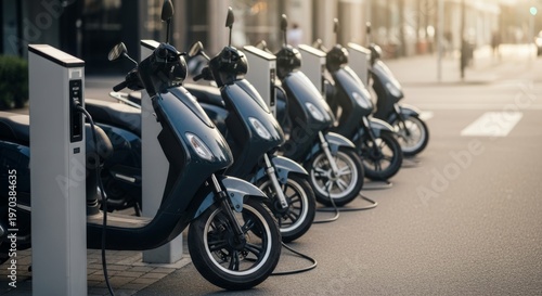 Electric scooters charging at urban street station during daytime