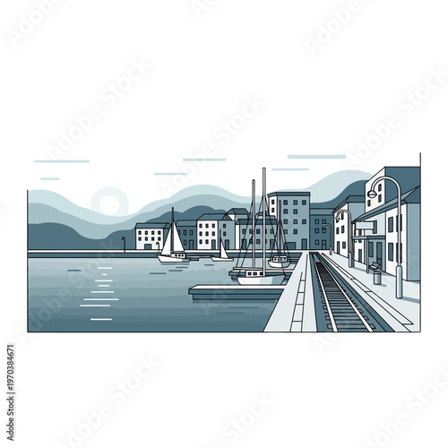 Illustration of Harbour with Buildings and Boats.
